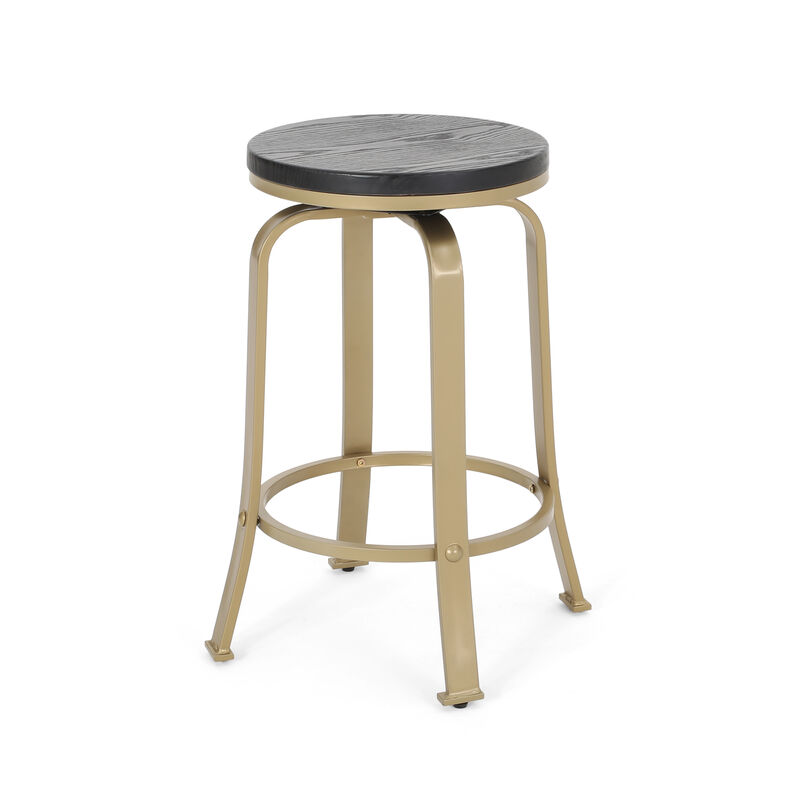 Modern Industrial Swivel Counter Stool with Faux Wood Seat