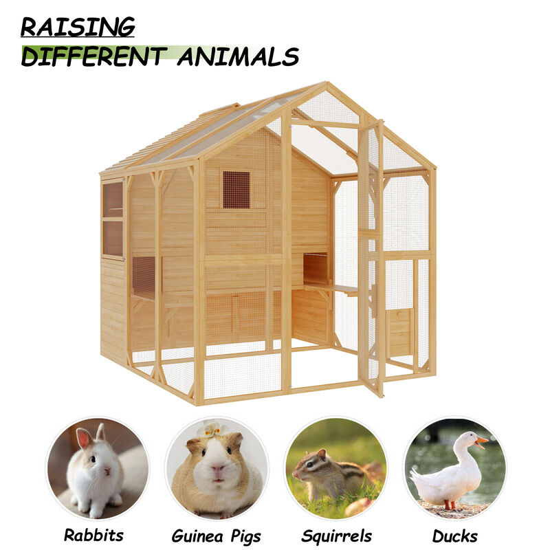FUFU&GAGA Wood Convertible Chicken Coop & Rabbit Hutch with Triangular Top, Outdoor Mesh Design, and Weather-Resistant Features, (72.6" L x 66.5" W x 74.1" H), Yellow