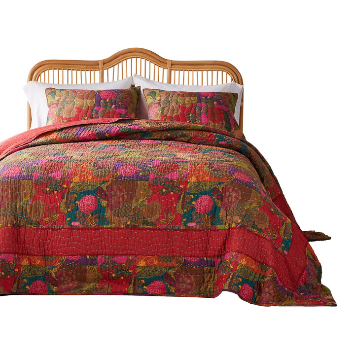 Lewi 3pc Queen Quilt Set, Floral, Kantha Style Dark Red Floral Cotton