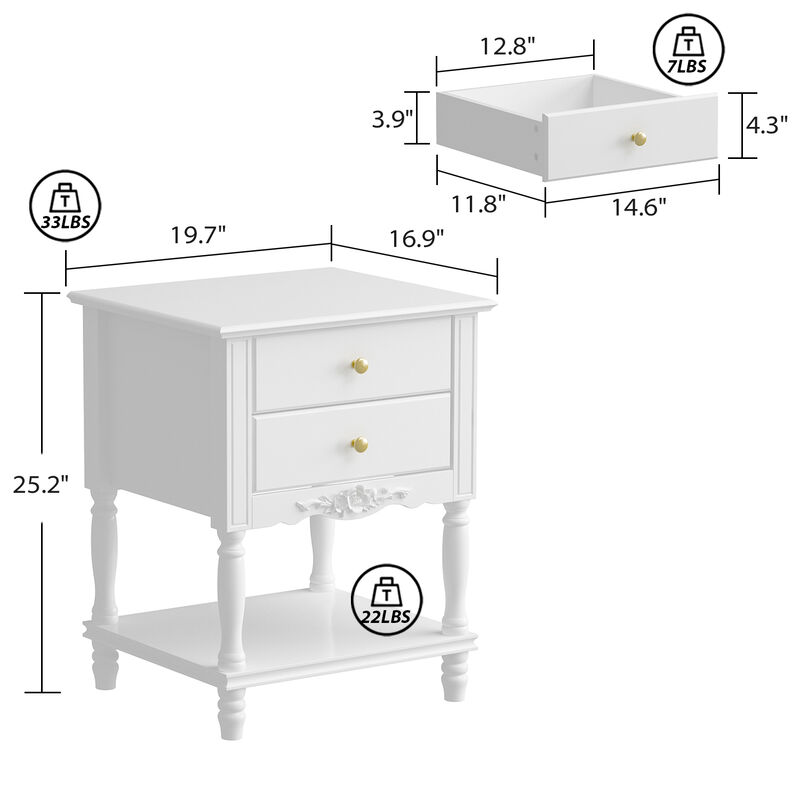 19.7 in. W x 16.9 in. D x 25.2 in. H, White Rectangle Wooden End Table, Dresser, Nightstand with 2- Drawer, Open Shelf
