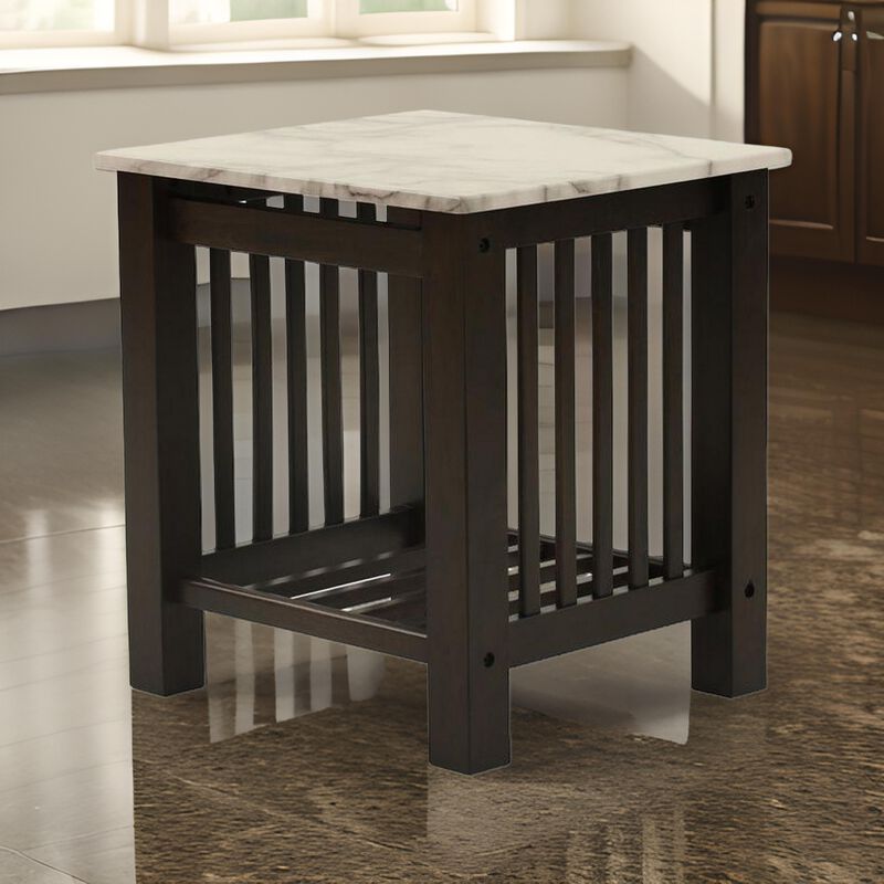Moen 21 Inch Side End Table, White Faux Marble, Bottom Shelf, Black Wood - Benzara