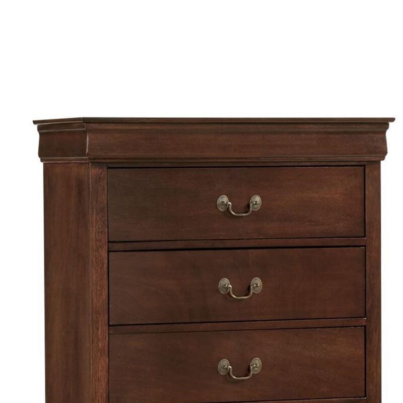 5 Drawer Wooden Chest with Metal Hardware, Cherry Brown - Benzara