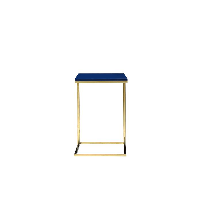 Zen Side End Table, C Shape Gold Base, Navy Blue Lacquer Top - Benzara