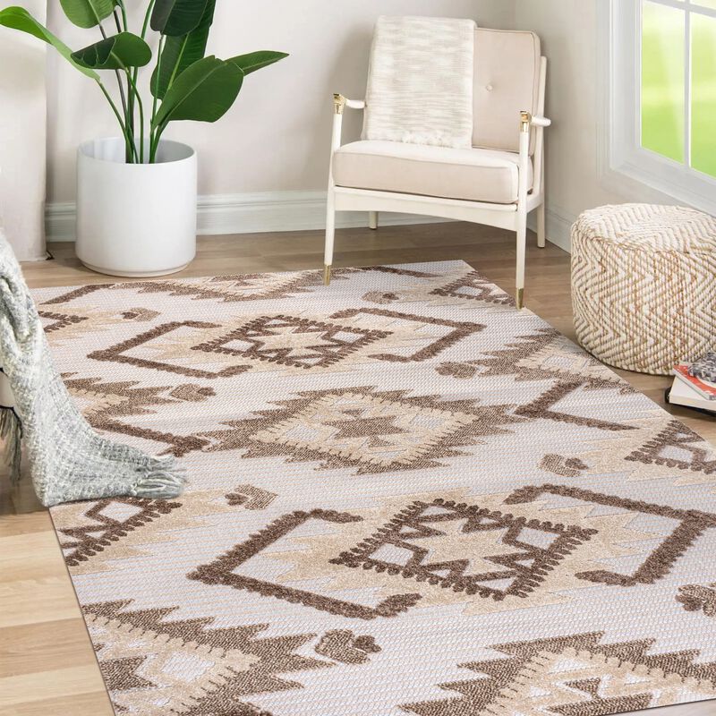 Sumak High-Low Pile Neutral Diamond Kilim Area Rug