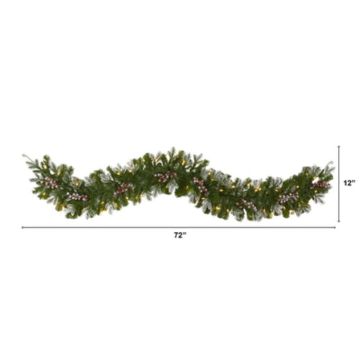 Hivvago 6' Snow Tipped Artificial Christmas Garland with 50 Warm White LED Lights and Berries