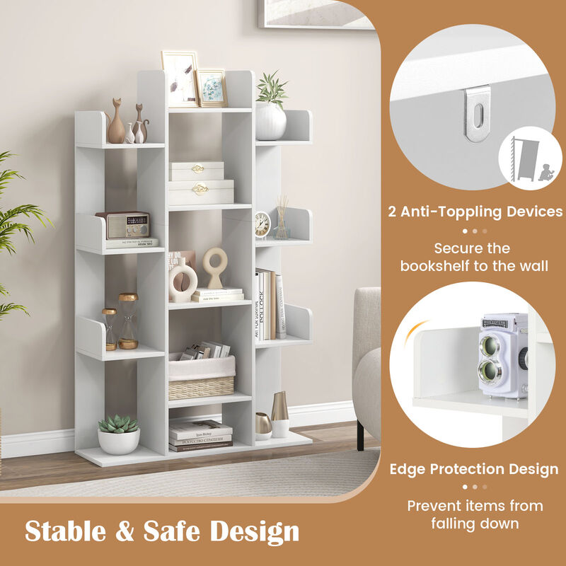 Tree-Shaped Bookshelf with 13 Compartments-White