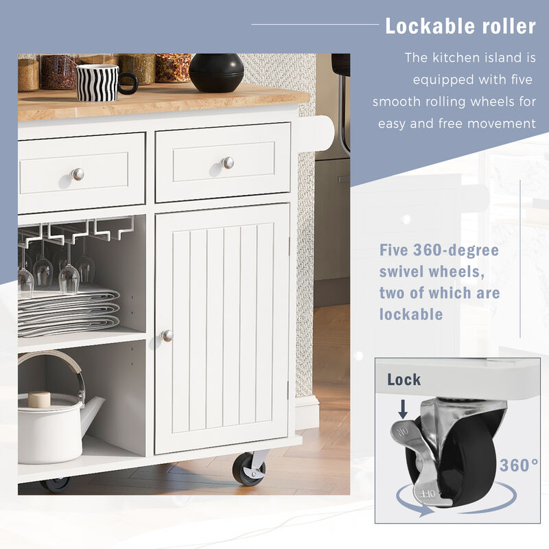 Streamdale Kitchen Island with Power Outlet and Drop Leaf, White