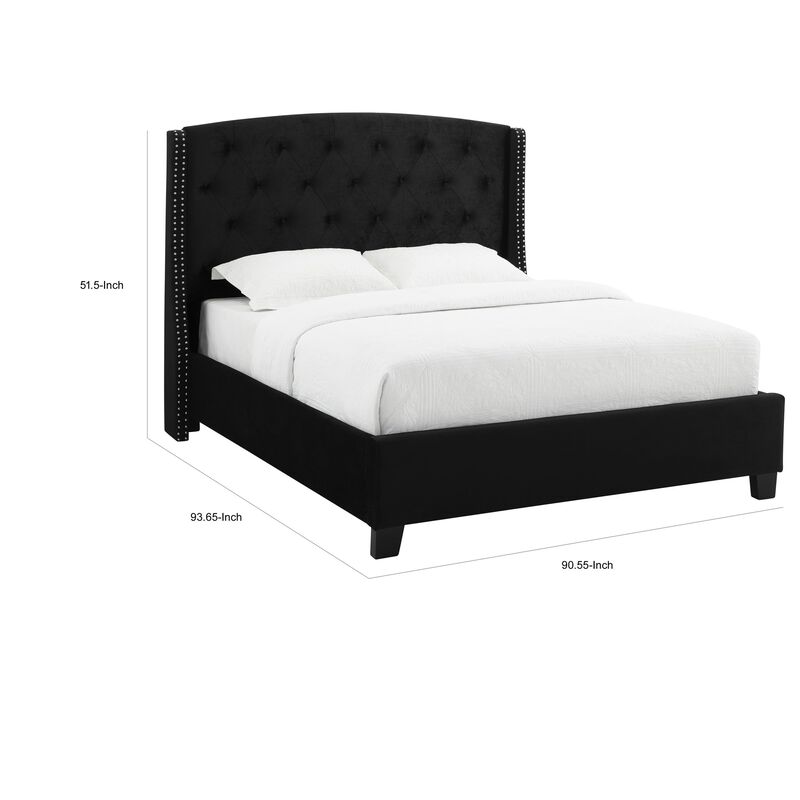 Benjara James King Size Bed, Platform Style, Button Tufted Black Velvet Upholstery