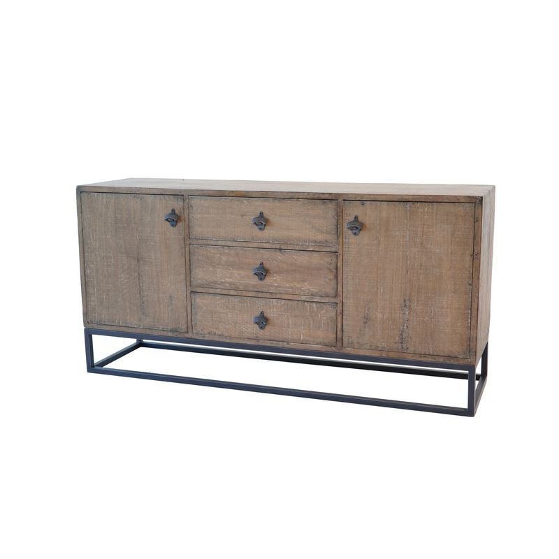 Wery Sideboard Cabinet Console, 2 Doors, Iron 65 Inch Natural Brown - Benzara