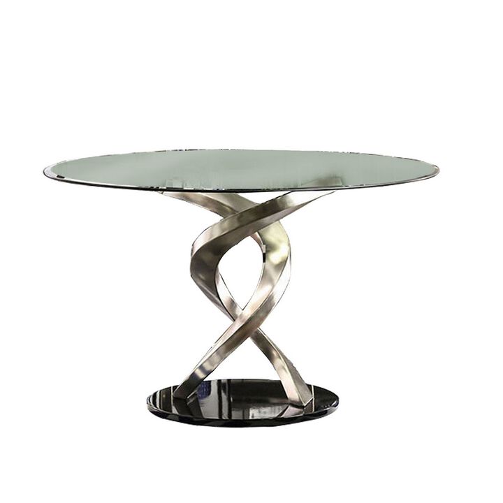 Contemporary Round Dining Table with Swirl Metal Base, Black and Silver-Benzara