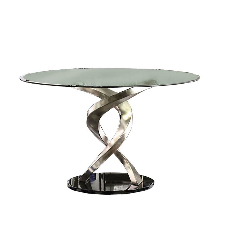 Contemporary Round Dining Table with Swirl Metal Base, Black and Silver-Benzara