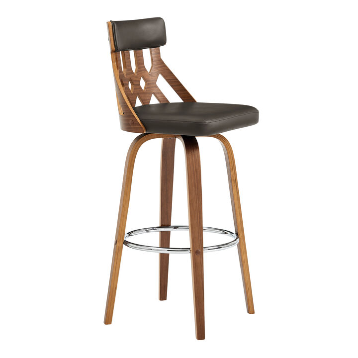 Crux Swivel Bar Stool in Cream Faux Leather and Walnut Wood