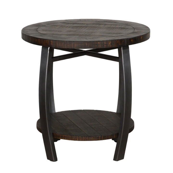 Flint Side End Table w Shelf, Barrel Shape, 24 Inch Dark Brown Round - Benzara