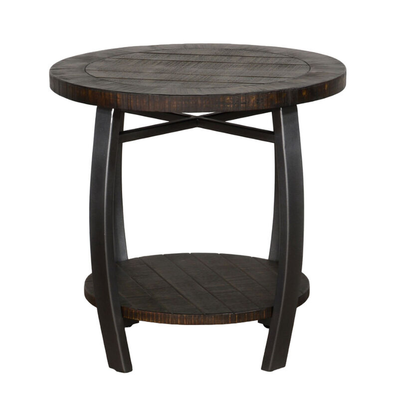 Flint Side End Table w Shelf, Barrel Shape, 24 Inch Dark Brown Round - Benzara