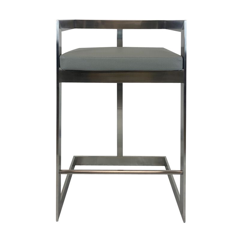 Keyn 26 Inch Counter Stool Chair, Faux Leather, Stainless Steel Base, Gray - Benzara