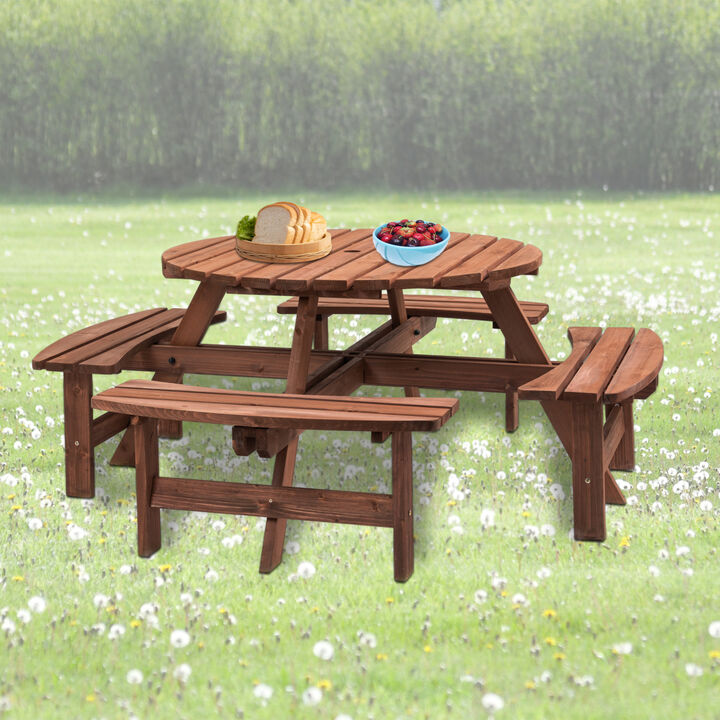 8 Person Wooden Picnic Table with Built-In Benches
