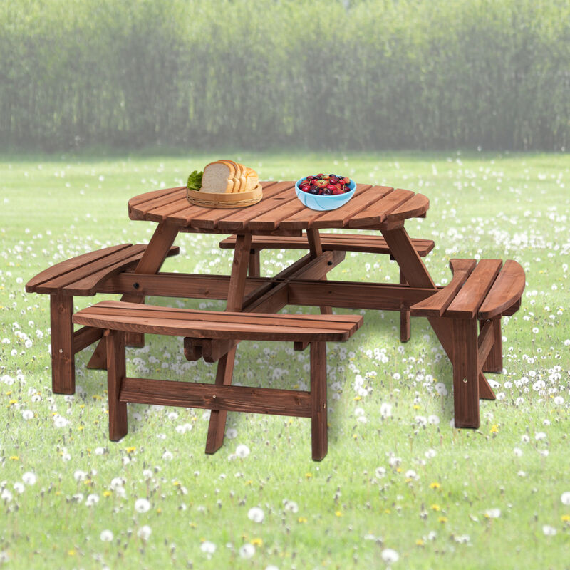 8 Person Wooden Picnic Table with Built-In Benches