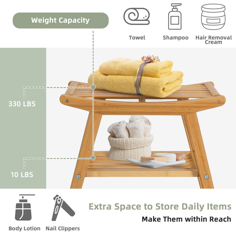 Bamboo Shower Seat Bench with Underneath Storage Shelf-Natural