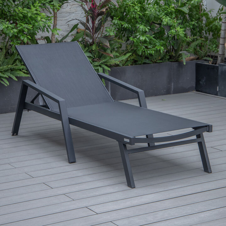 LeisureMod Marlin Patio Chaise Lounge Chair with Armrests – Black Aluminum Frame & Navy Blue Mesh for Outdoor Comfort