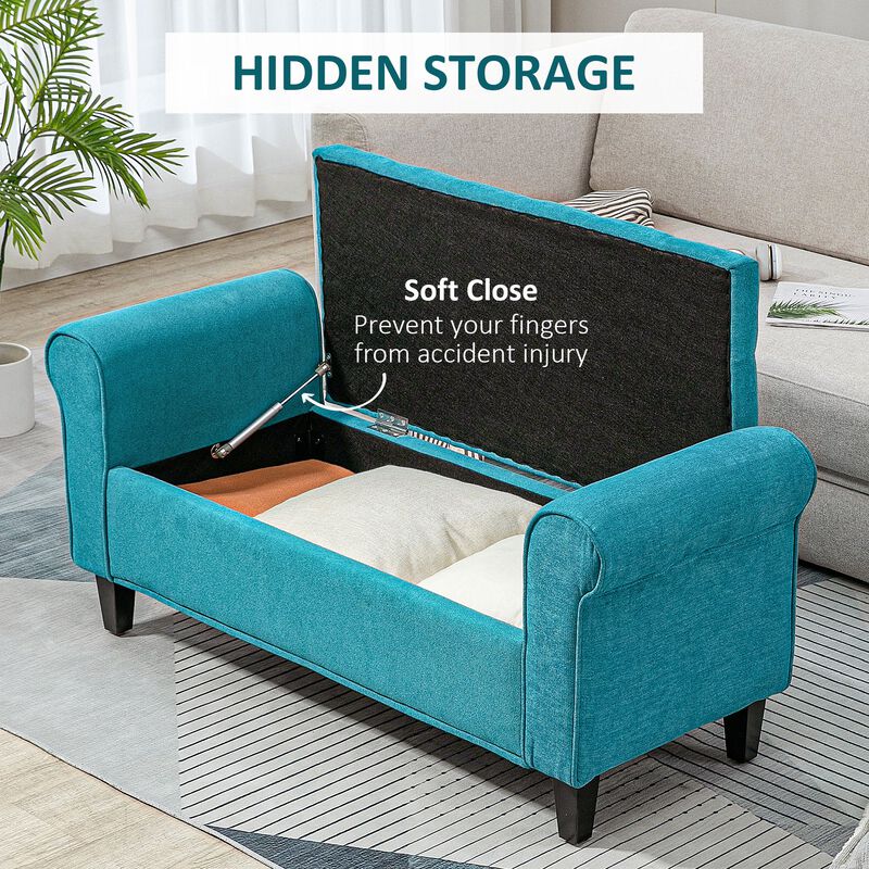 50 Inches Storage Ottoman, End of Bed Bench with Rolled Arms, Wood Legs, Button Tufted Storage Bench