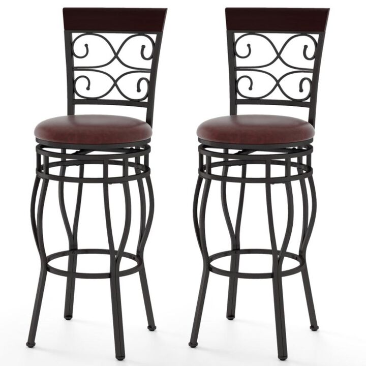 Hivvago 2 Pieces 30 Inch 360 Degree Swivel Bar Stools with Leather Padded Seat-Brown