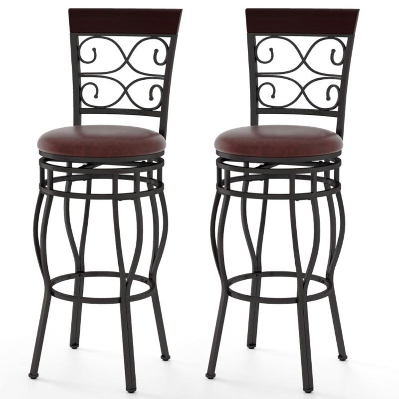 Hivvago 2 Pieces 30 Inch 360 Degree Swivel Bar Stools with Leather Padded Seat-Brown