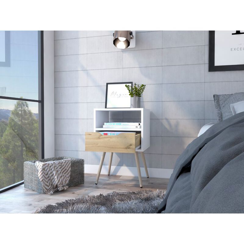 Streamdale Otom Nightstand: White Light Oak, Drawer, Open Shelf