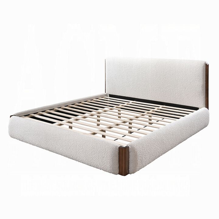 Fedro Queen Bed, Low Profile, White Boucle Upholstery, Walnut Brown - Benzara