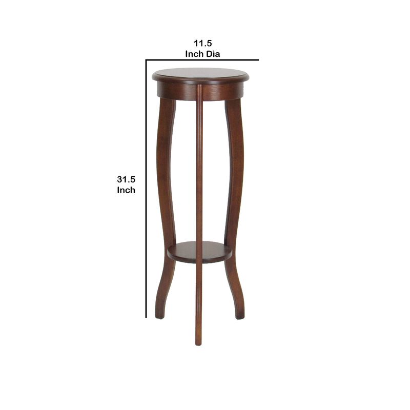 31.5 Inch Round Pedestal Stand with Open Bottom Shelf and Flared Legs,Brown-Benzara