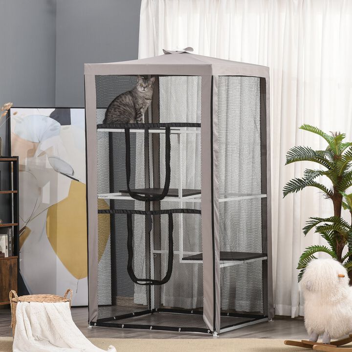 Cat Play Palace: 79"H Steel Frame Mesh Playpen with Platforms