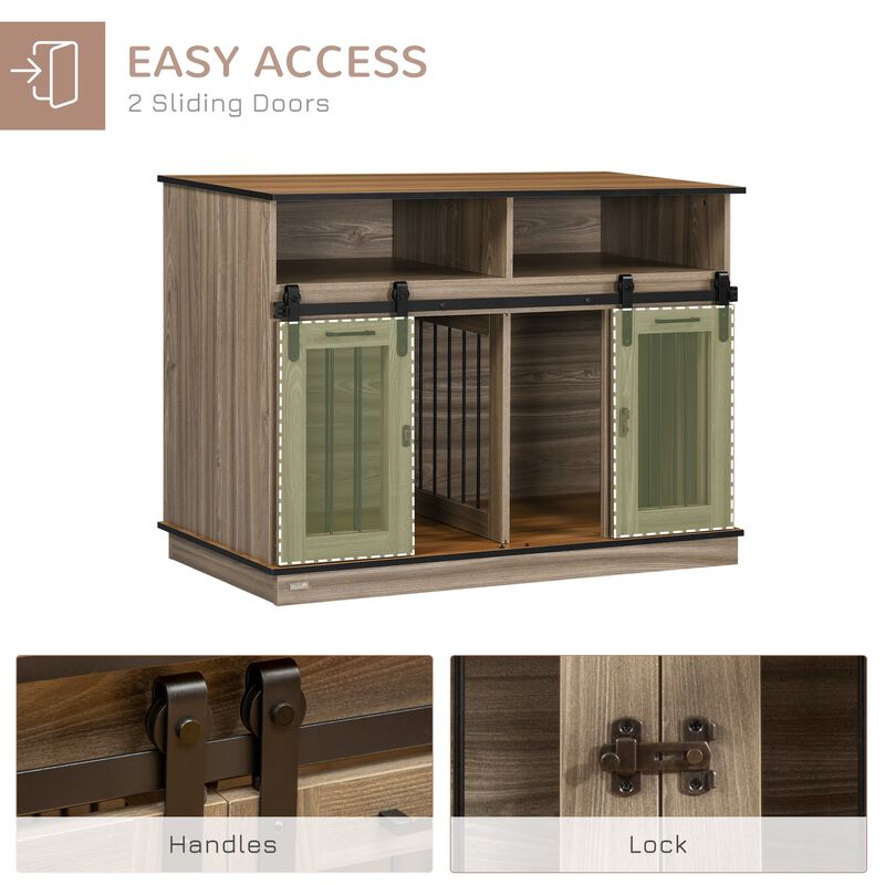 Oak Pet Furniture: 2-in-1 Dog Crate End Table with Sliding Doors