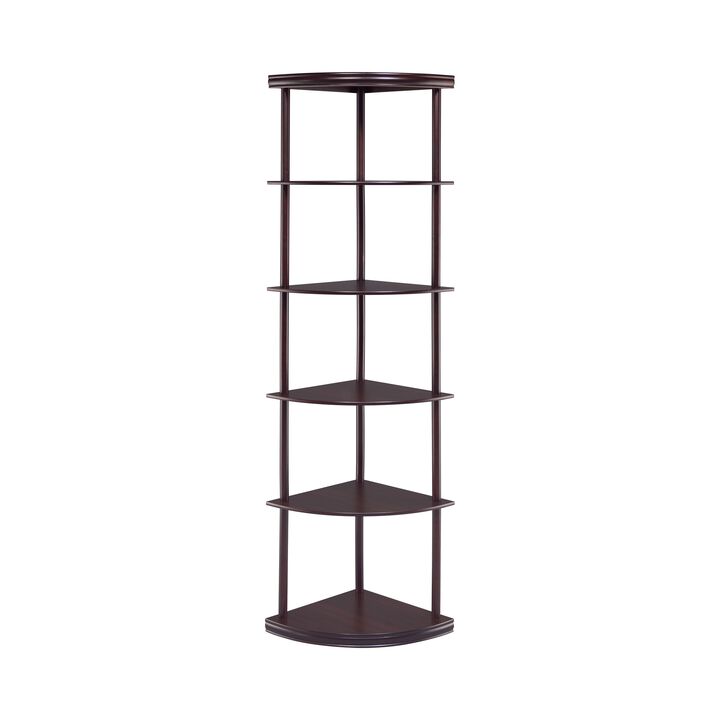 Illuminating corner bookcase with five pie shaped shelves, Brown-Benzara