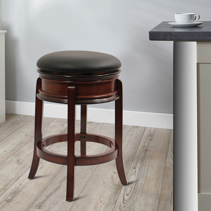 Sabi 24 inch Swivel Counter Stool, Solid Wood, Faux Leather, Brown, Black-Benzara