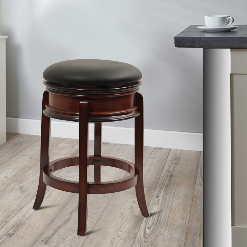 Sabi 24 inch Swivel Counter Stool, Solid Wood, Faux Leather, Brown, Black-Benzara