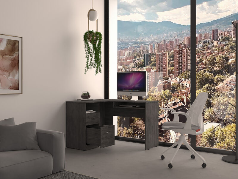 DEPOT E-SHOP Idra L-Shaped Desk, Keyboard Tray, Two Drawers, One Open Shelf, Smokey Oak