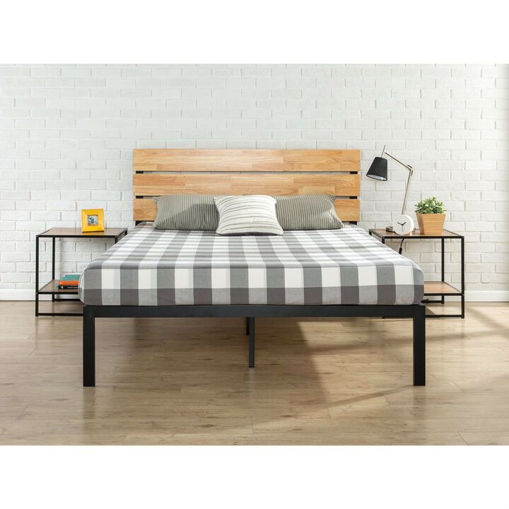 Metal Platform Bed Frame with Wood Slats and Headboard