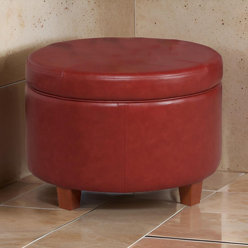 Leatherette Upholstered Wooden Ottoman with Single Button Tufted Lift Top Storage, Red, Large - Benzara