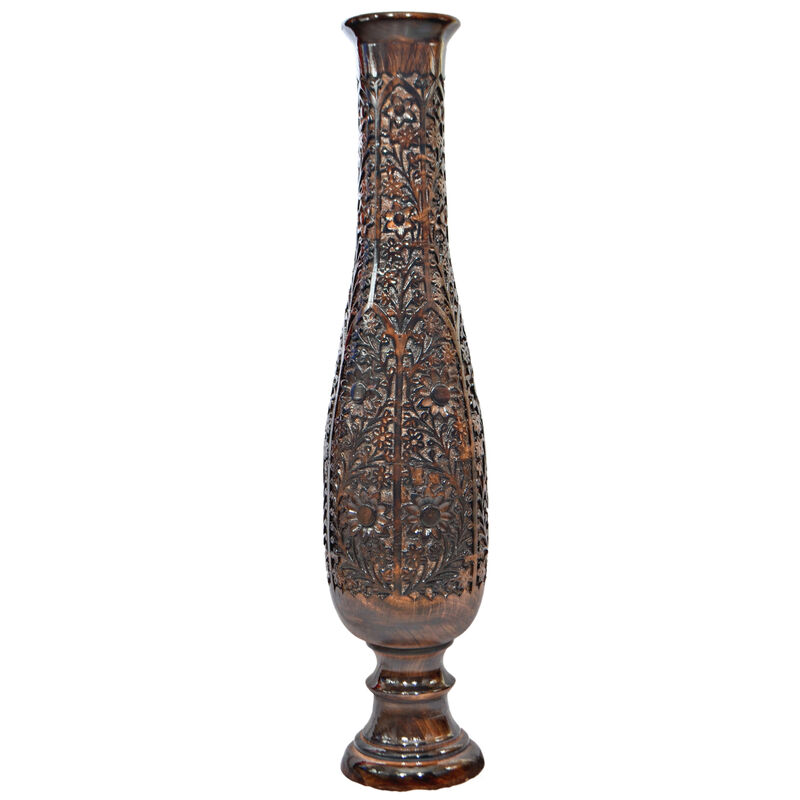 Antique Decorative Hand Curved Brown Mango Wood Floor Flower Vase Trumpet Design with Unique Textured Pattern, 36 Inch
