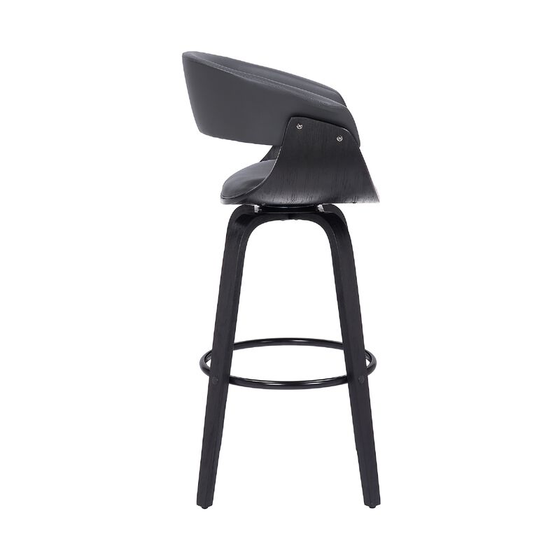 26 Inch Swivel Faux Leather Barstool with Curved Open Back, Gray-Benzara