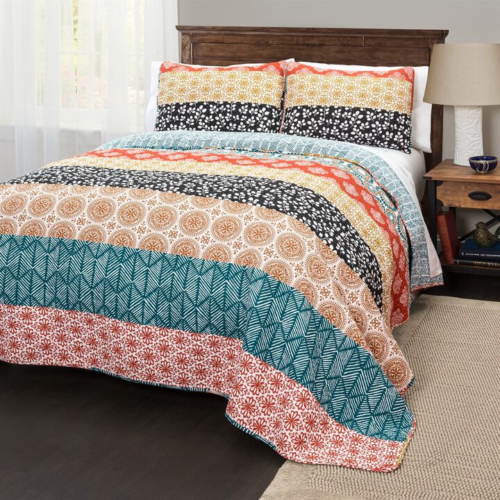 Hivvago Full/Queen size Cotton 3 Piece Reversible Teal Orange Bohemian Stripe Quilt Set