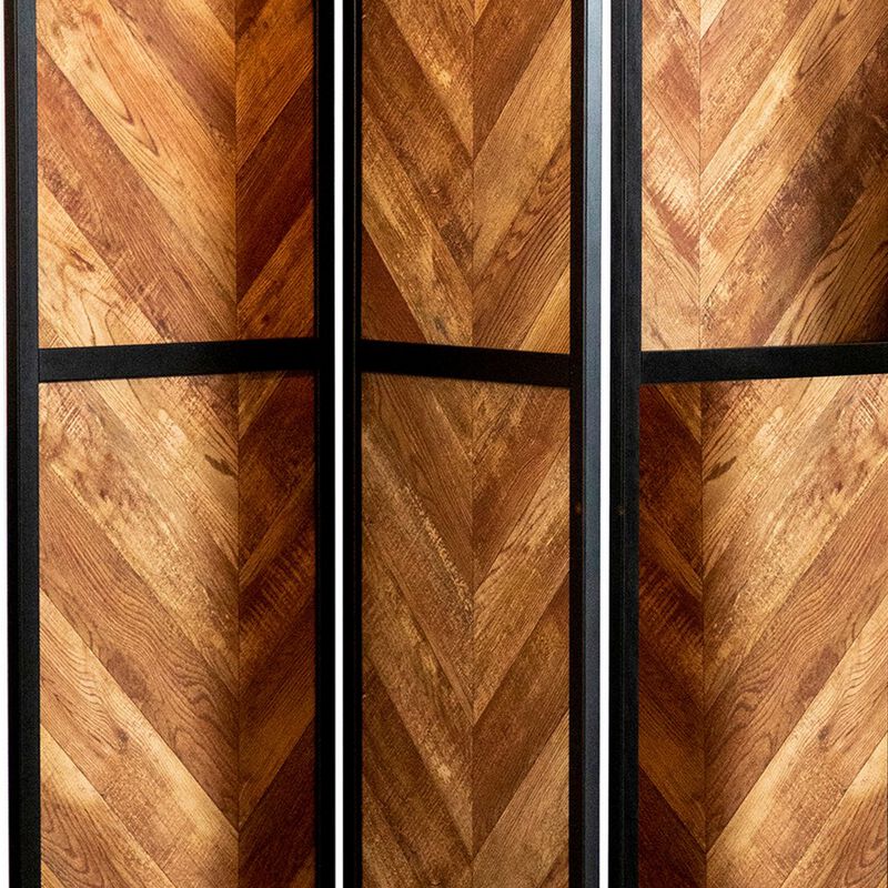 70 Inch Modern 3 Panel Folding Room Divider, Herringbone Pattern, Brown-Benzara
