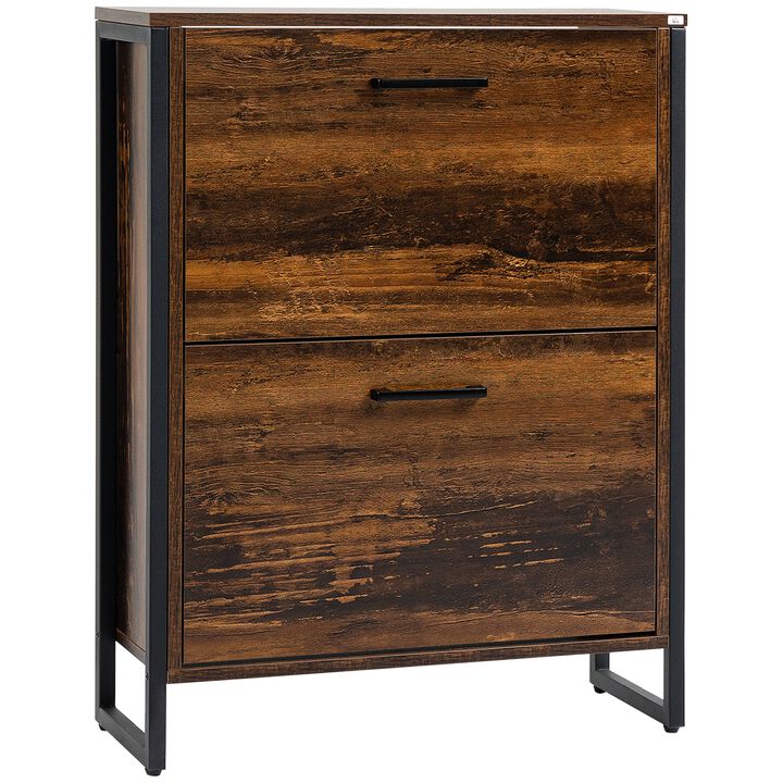 Rustic Brown Shoe Rack: Slim Cabinet with 2 Flip Doors for Entryway
