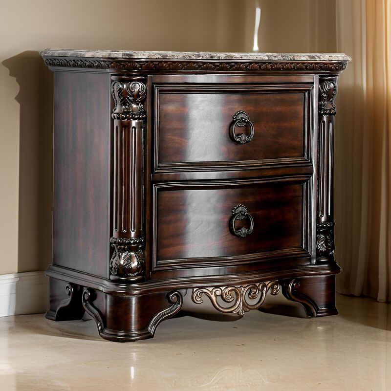 Transitional Wood Nightstand With Genuine Marble Top, Brown-Benzara