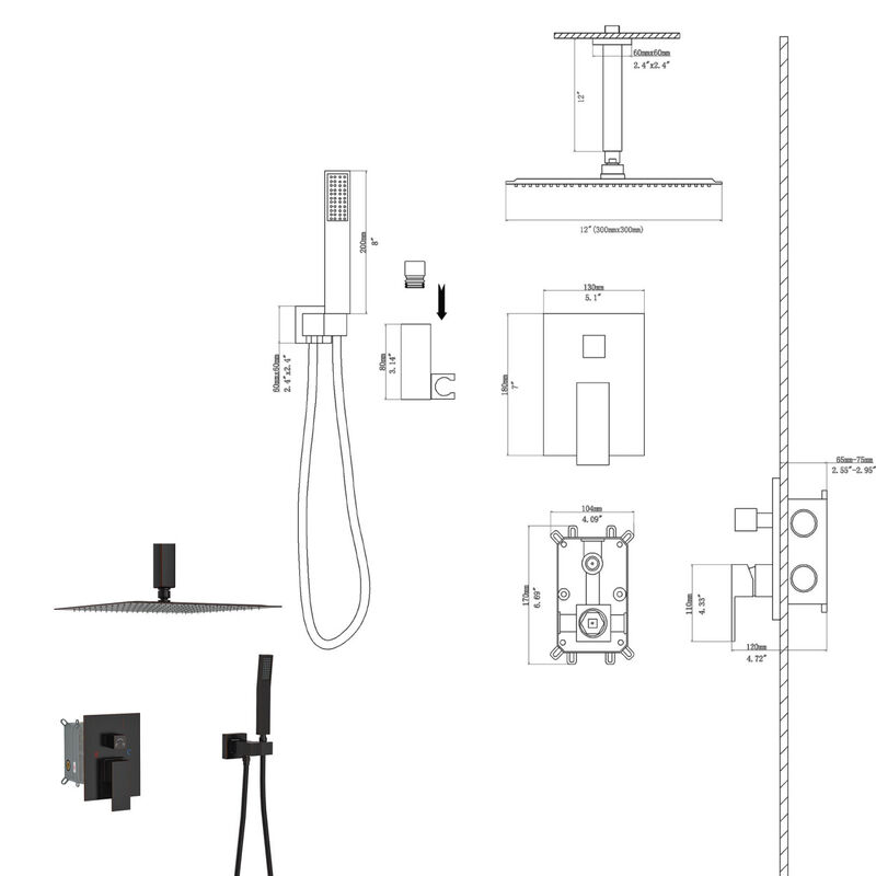 Ceiling Shower Set - 12 Inch Square Shower Set, Dual Shower Heads, Oil Rubber Bronze