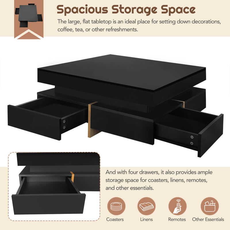 High Gloss Coffee Table with 4 Drawers, Multi Storage, Wood Grain Legs