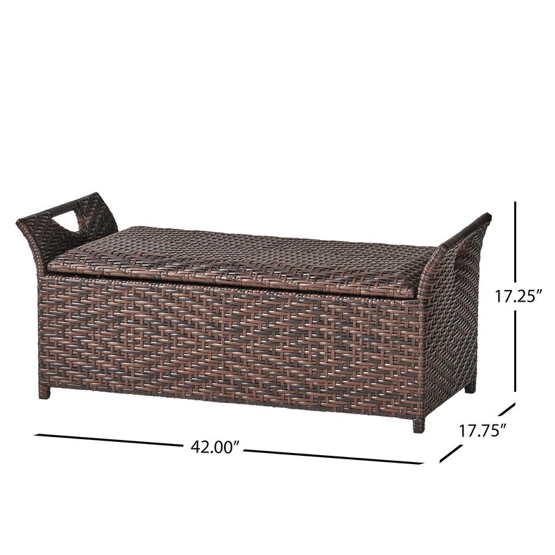 Outdoor Bench with Hinged Lid Storage, 42 Inch Dark Brown PE Rattan - Benzara