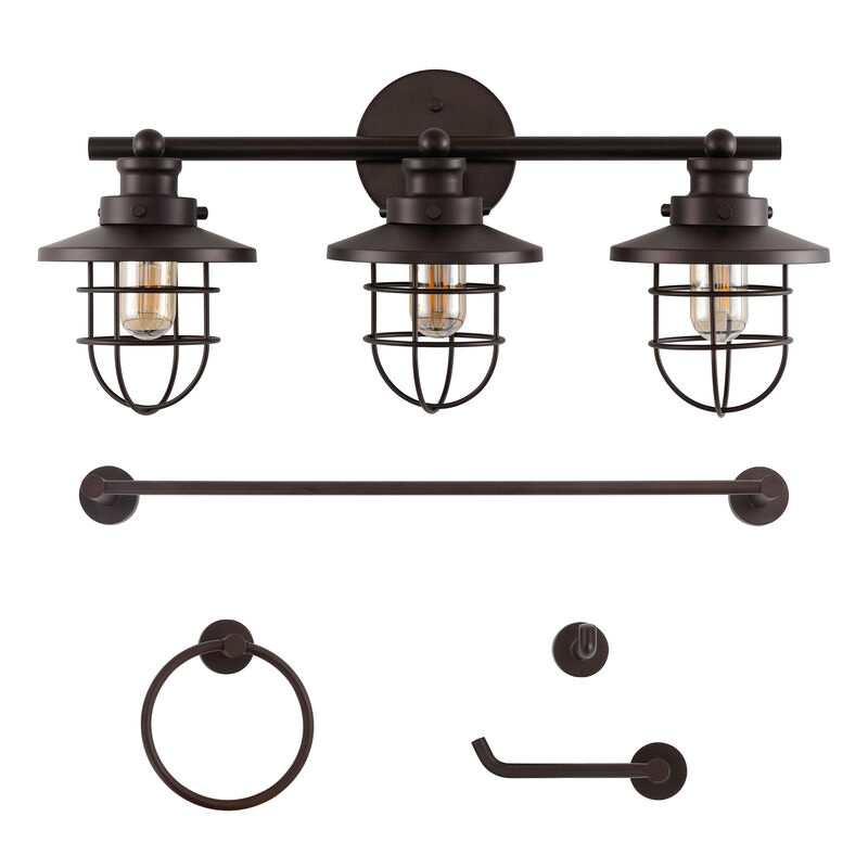 Ellis 24" 3-Light Industrial Farmhouse Vanity Light with Bathroom Hardware Accessory 5-Piece Set
