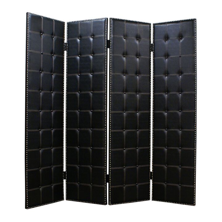 Wooden 4 Panel Screen with Button Tufting and Nailhead Trims, Black-Benzara