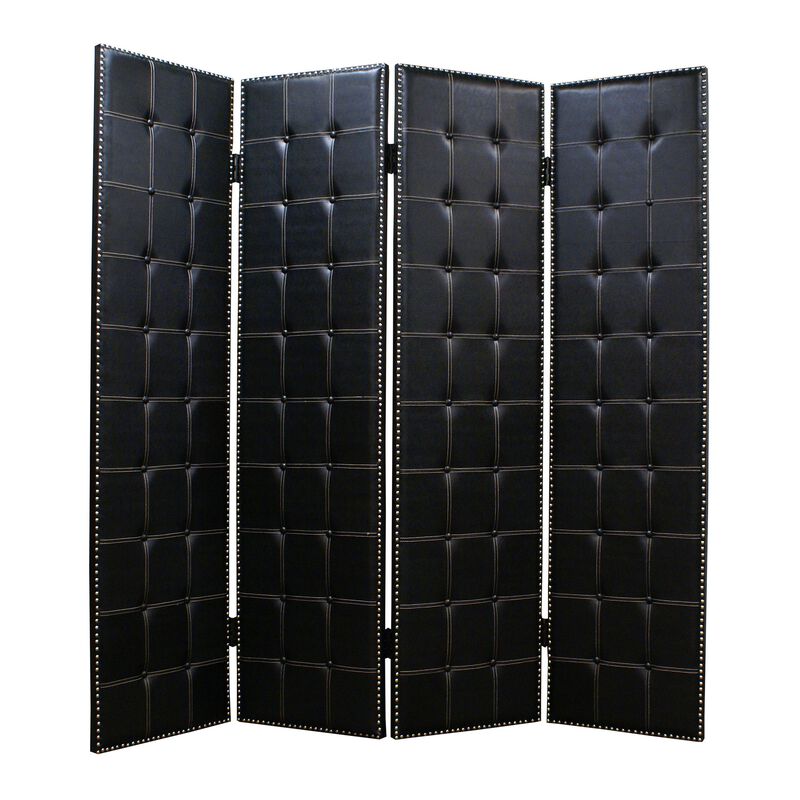 Wooden 4 Panel Screen with Button Tufting and Nailhead Trims, Black-Benzara