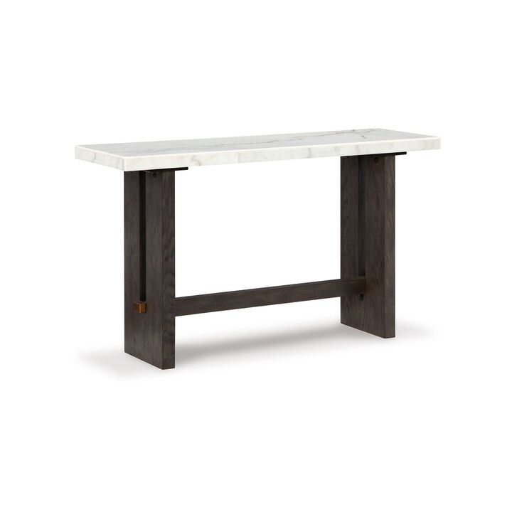 Haus Sofa Console Table, Marble Top, Panel legs, 52 Inch Brown Wood - Benzara